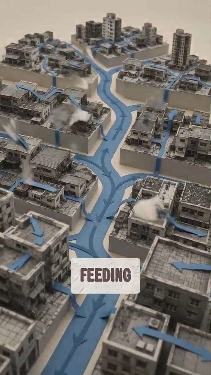 Paper city with flood blue runoff routes