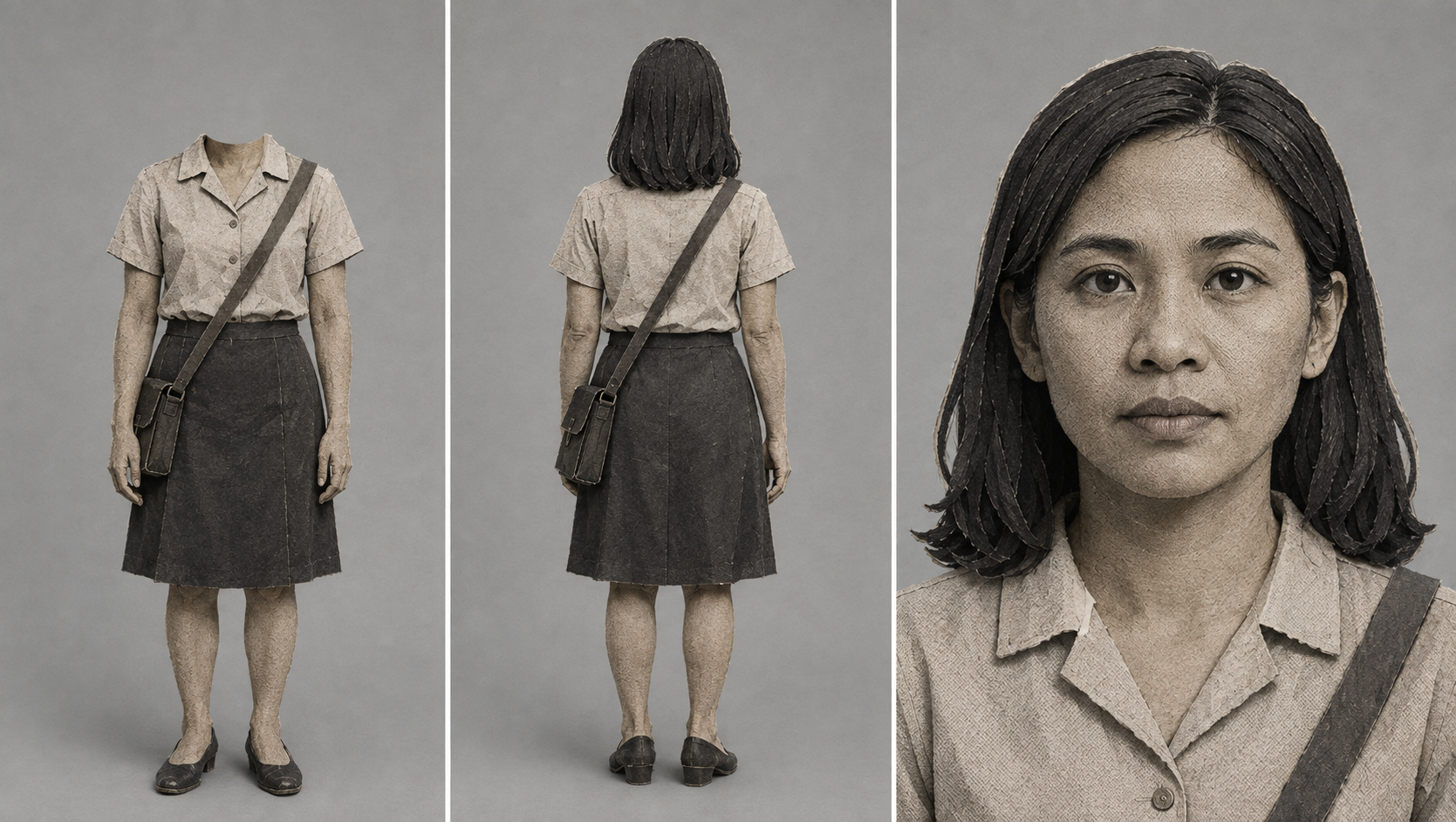Paper-diorama Metro Manila commuter reference sheet with front, back and portrait views