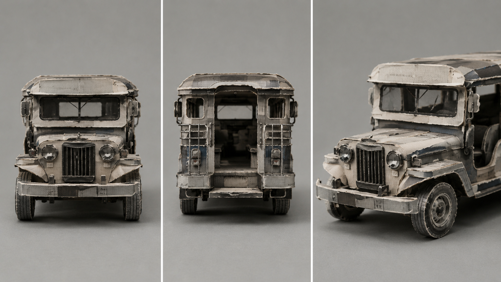 Paper-diorama jeepney reference sheet with front, rear and three-quarter views