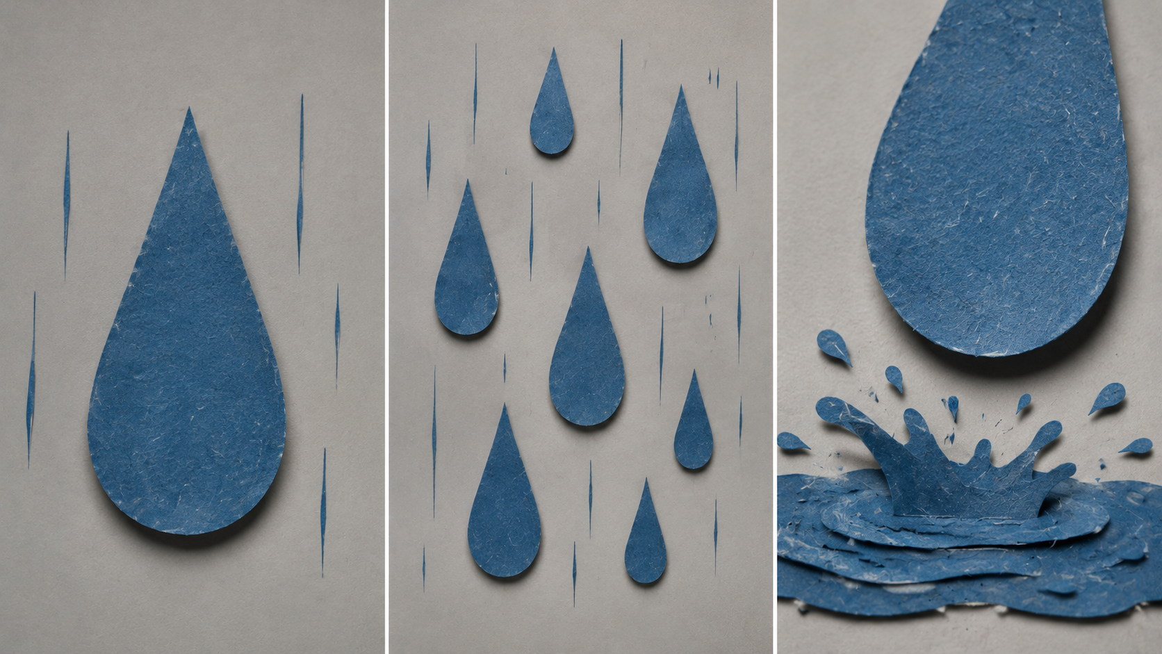 Paper-diorama rain reference sheet with single drops, rainfall and splash views
