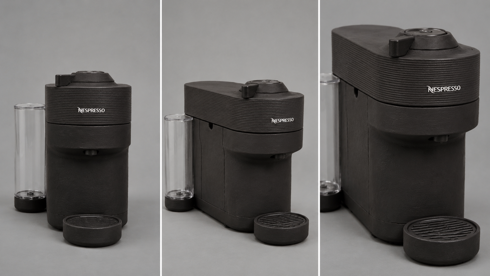 Nespresso coffee machine reference sheet with front, three-quarter and detail views