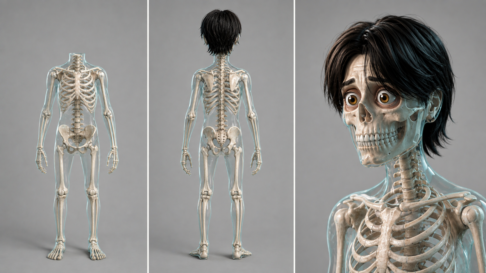 Transparent skeleton character reference sheet with front, back and portrait views