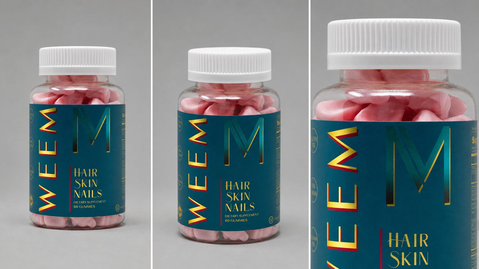 WEEM Hair Skin Nails supplement bottle reference sheet with front, three-quarter and detail views